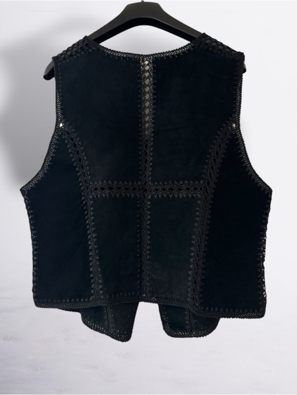 Vintage Black Genuine Leather Suede & Crochet Patchwork Women's Vest - Picture 3 of 7